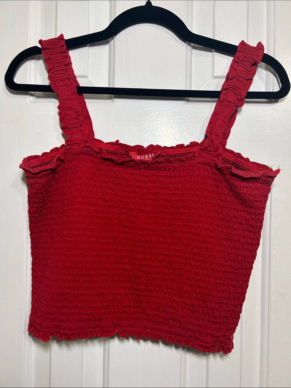 GUESS Red Smocked Ruffle Strap Crop Tank